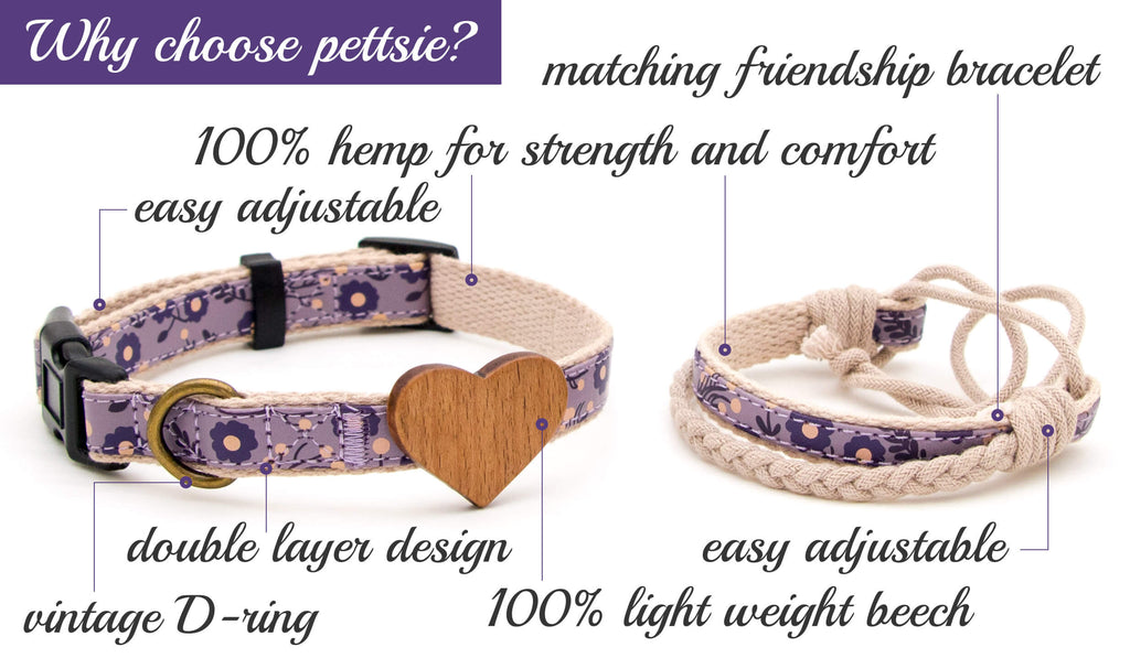 Purple dog collar with wood heart and friendship bracelet