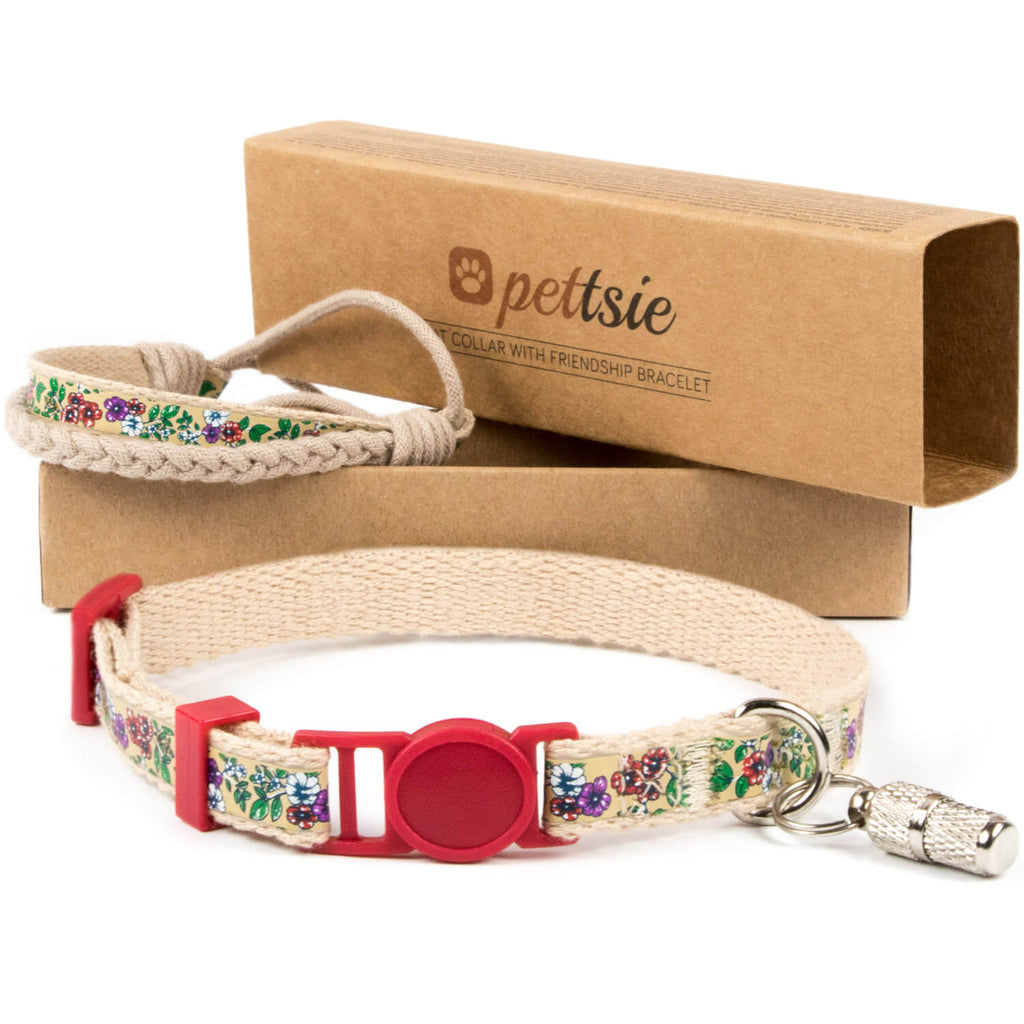 Cat collar with breakaway buckle, friendship bracelet and ID tube