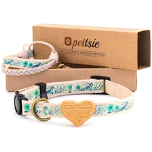 Turquoise cat collar with wood heart and matching friendship bracelet