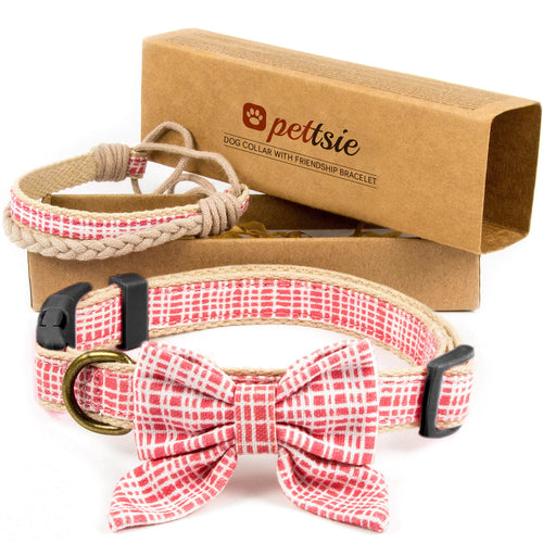 Dog collar with bow tie & matching friendship bracelet, pet-friendly hemp, strong D-ring