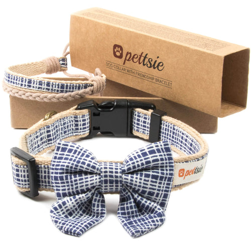 pettsie dark blue hemp dog collar cotton bow tie removable washable matching friendship bracelet