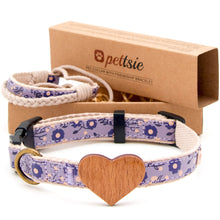 Purple dog collar with wood heart and friendship bracelet - 2 adjustable sizes