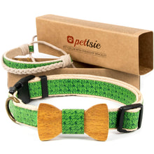 Green dog collar with wood bow tie and friendship bracelet in 2 adjustable sizes