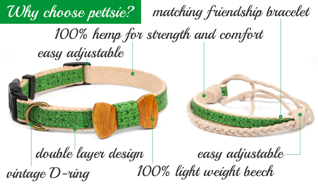 Green dog collar with wood bow tie and friendship bracelet Pettsie